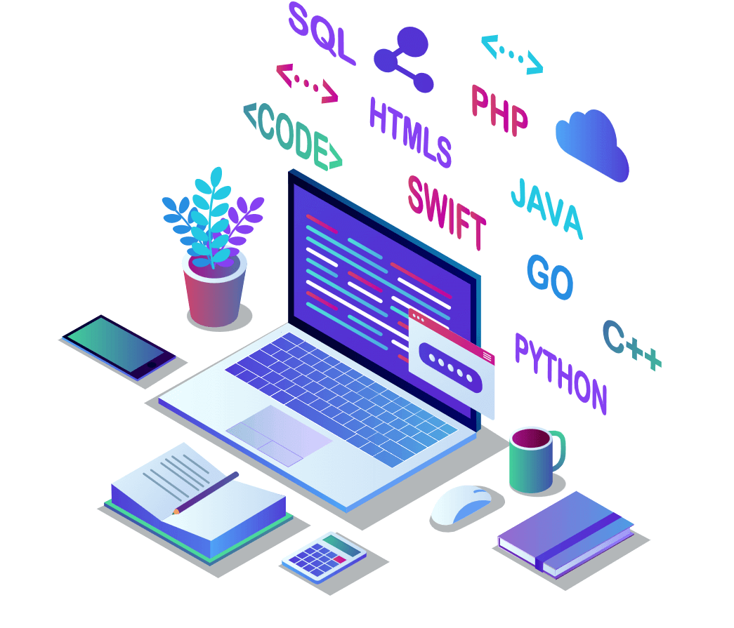 Image of laptop with coding languages, coffee cup, date planner, plant and cell phone.